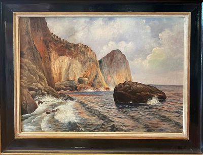 painting of a rocky coast with waves crashing against the rocks