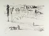 dessin représentant un paysage avec, au premier plan, un homme et un cheval, et, au loin, un pont