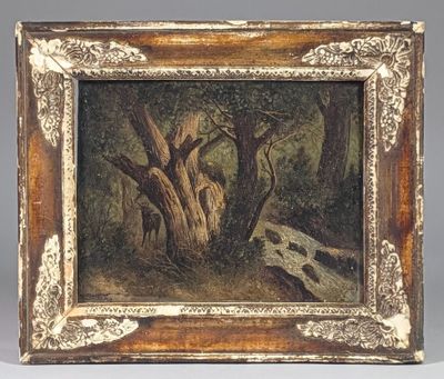 une vieille photo représentant un tableau où l'on voit un homme dans un environnement boisé