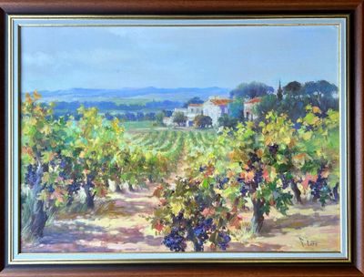 une peinture à l'huile représentant un vignoble avec une maison au loin