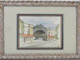painting of an old building with a red roof in a frame