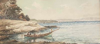 a painting of a boat on the water with people in it