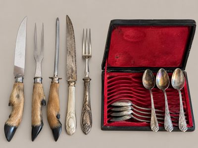 five different types of knives and spoons in a case