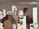 abstract painting of a cityscape with buildings in the background