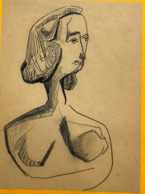 a drawing of a woman with a hat on her head