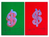 deux tableaux représentant des signes « $ » sur fond rouge, vert et bleu