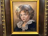 a painting of a young girl with curly hair in a gold frame