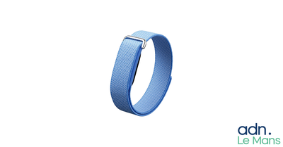 a blue bracelet with a metal clasp on a white background