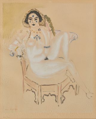 tableau représentant une femme assise sur une chaise, portant un collier autour du cou
