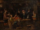 painting of a group of people sitting around a table in a tavern