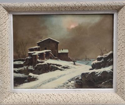 une image représentant un tableau d'une maison dans la neige