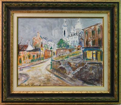 an oil painting of a street scene with a church in the background