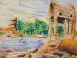 a painting of a building near a body of water