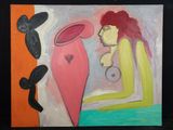 un tableau représentant une femme assise devant un vase