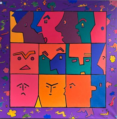 an image of a painting of a group of people with different faces