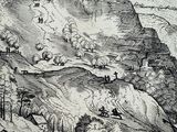 drawing of a view of a mountain with a castle in the distance
