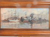 an oil painting of ships in a harbor with a wooden frame