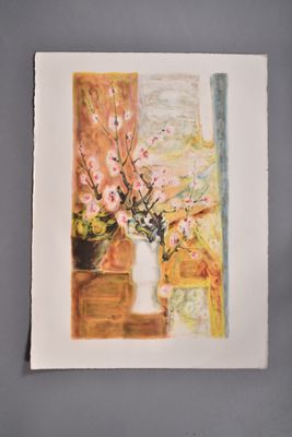 a painting of flowers in a vase on a table