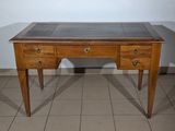 a wooden desk with two drawers and a tile top