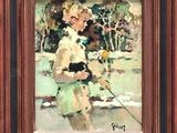 an oil painting of a woman with a dog on a leash