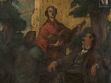 une image représentant un tableau où l'on voit un homme jouant de la guitare dans un parc