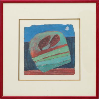 painting of two birds sitting on a piece of cake in a red frame
