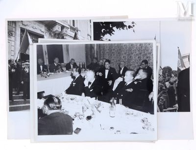 several black and white photos of a group of men sitting at a table