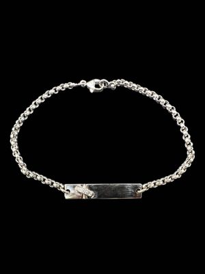 a silver bracelet with a bar on a chain