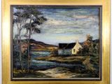 an image of a painting of a house by a river