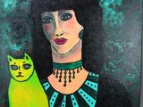tableau représentant une femme avec un chat vert devant elle