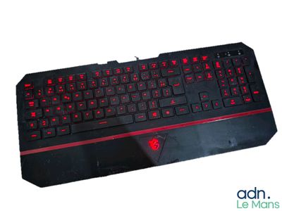 a black keyboard with red keys on a white background