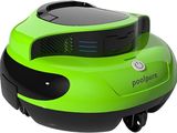 a close up of a green and black robot on a white background
