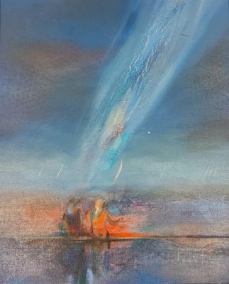 une peinture à l'huile représentant un ciel bleu et orange au-dessus d'une étendue d'eau