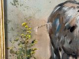 a painting of a cow that is standing in the grass