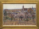 l'image d'un tableau représentant un village avec une église à l'arrière-plan