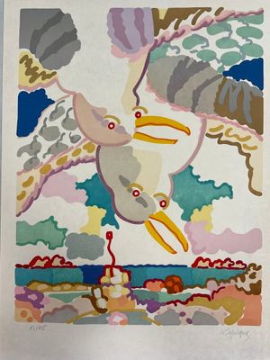 tableau représentant un oiseau volant dans le ciel, avec des nuages en arrière-plan