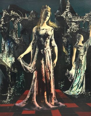a painting of a woman in a dress standing in front of a clock