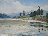 une peinture à l'huile représentant une scène de plage avec des montagnes en arrière-plan