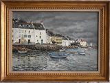 a painting of a harbor scene with boats on the water