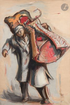 tableau représentant deux personnes marchant avec un grand sac sur le dos