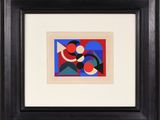 a painting of a black frame with a red, blue, and green abstract design