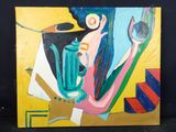 peinture abstraite représentant une femme avec une cruche et une tasse