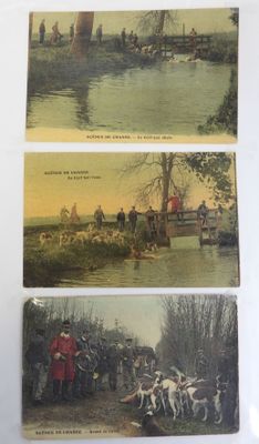 trois vieilles cartes postales représentant des hommes et des chiens au bord d'une rivière