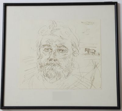 dessin représentant un homme barbu dans un cadre noir accroché au mur