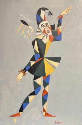 a painting of a clown with a bird on his arm