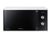 Le four à micro-ondes Samsung est blanc et dispose d'une horloge numérique sur la façade.
