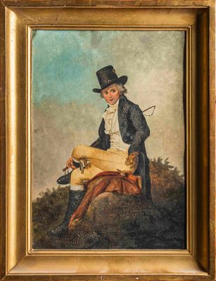 un vieux tableau représentant un homme coiffé d'un haut-de-forme, assis à cheval