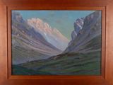 une peinture à l'huile représentant un paysage de montagne avec une vallée au premier plan