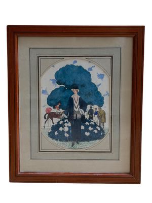 tableau représentant un homme coiffé d'un chapeau et accompagné d'un chien dans un champ