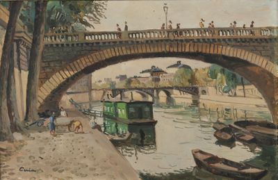a painting of a bridge over a body of water